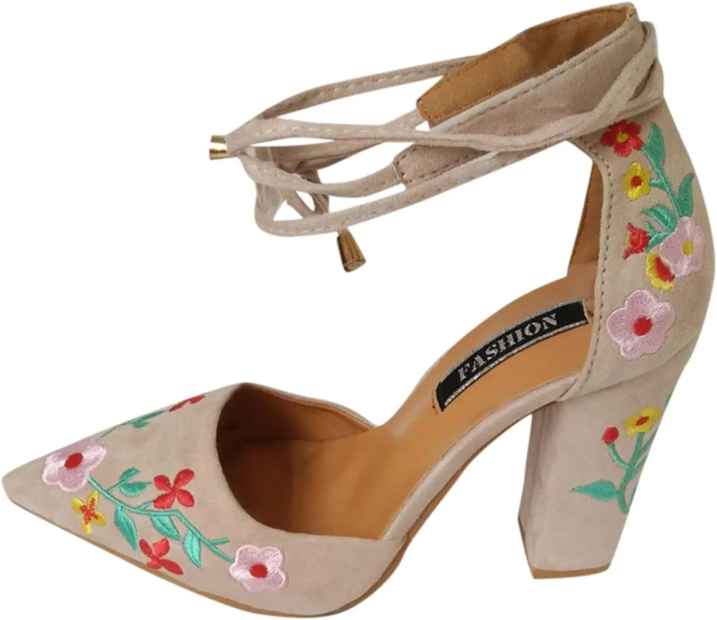 Women's Block High Heel Pumps Dress Sandal Close Pointed Toe Embroidered Ankle Strap Flowers Part𝐲 Wedding Shoes