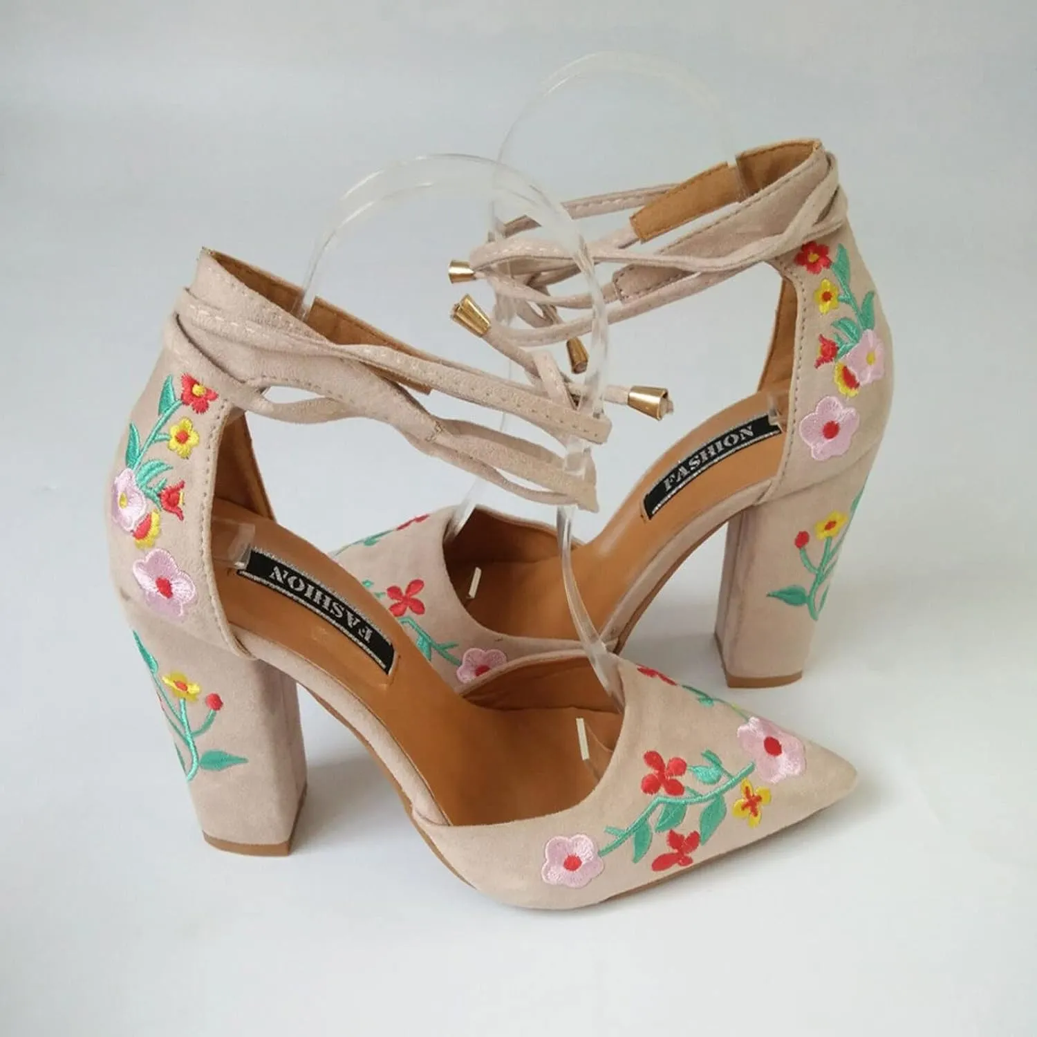 Women's Block High Heel Pumps Dress Sandal Close Pointed Toe Embroidered Ankle Strap Flowers Part𝐲 Wedding Shoes