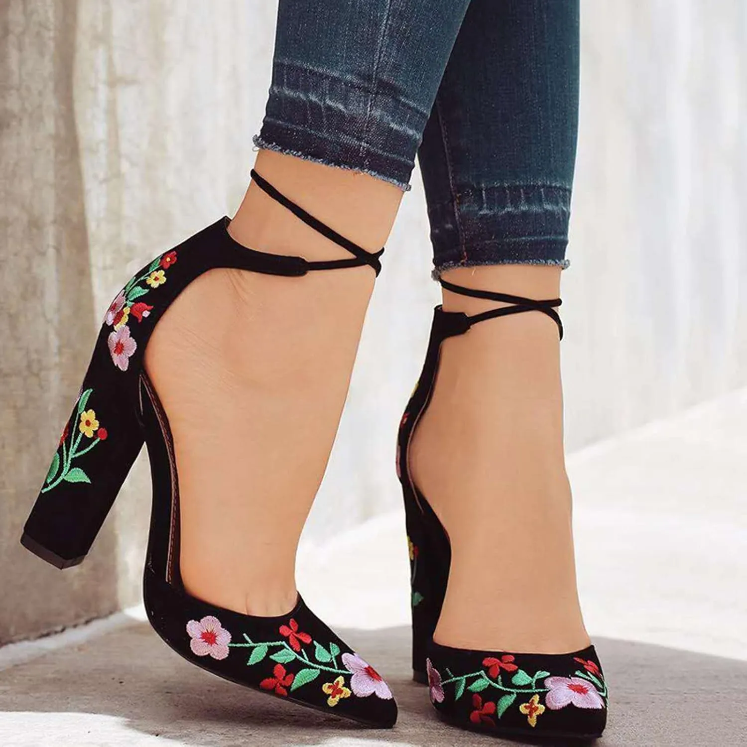 Women's Block High Heel Pumps Dress Sandal Close Pointed Toe Embroidered Ankle Strap Flowers Part𝐲 Wedding Shoes