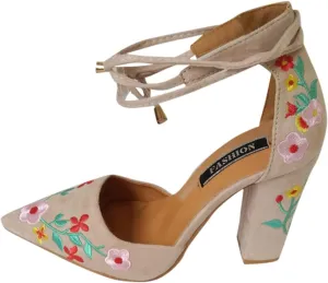 Women's Block High Heel Pumps Dress Sandal Close Pointed Toe Embroidered Ankle Strap Flowers Part𝐲 Wedding Shoes