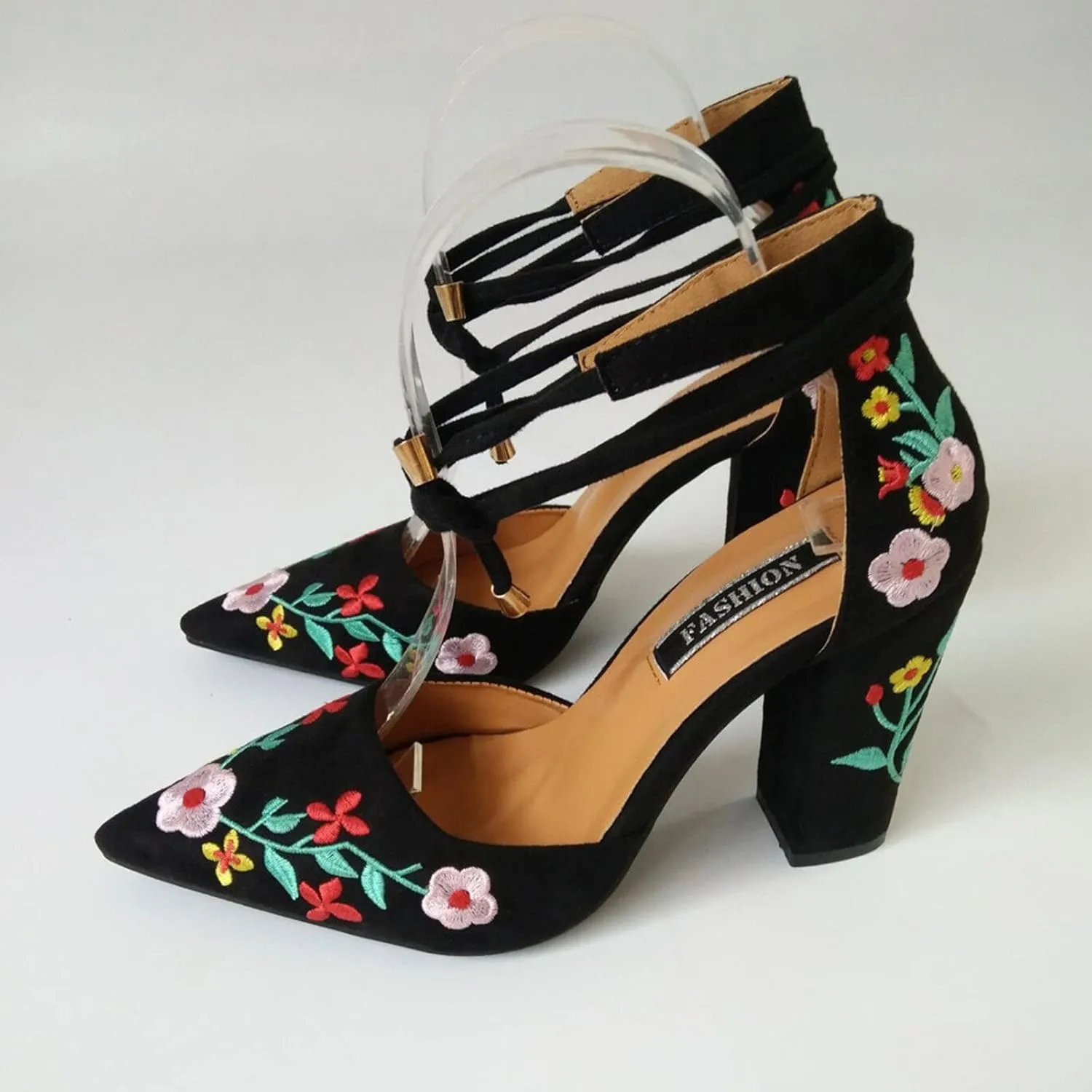 Women's Block High Heel Pumps Dress Sandal Close Pointed Toe Embroidered Ankle Strap Flowers Part𝐲 Wedding Shoes