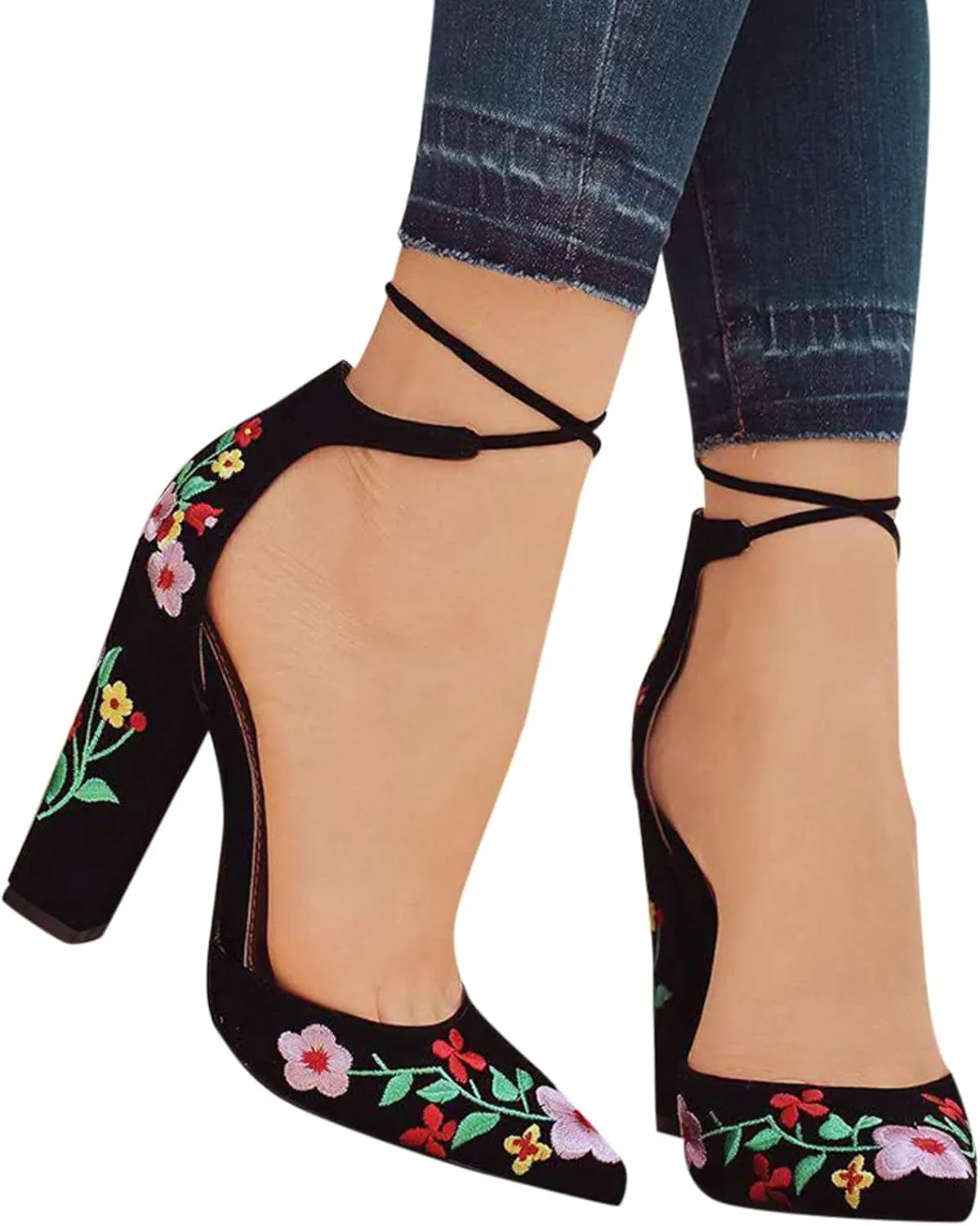 Women's Block High Heel Pumps Dress Sandal Close Pointed Toe Embroidered Ankle Strap Flowers Part𝐲 Wedding Shoes