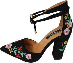 Women's Block High Heel Pumps Dress Sandal Close Pointed Toe Embroidered Ankle Strap Flowers Part𝐲 Wedding Shoes
