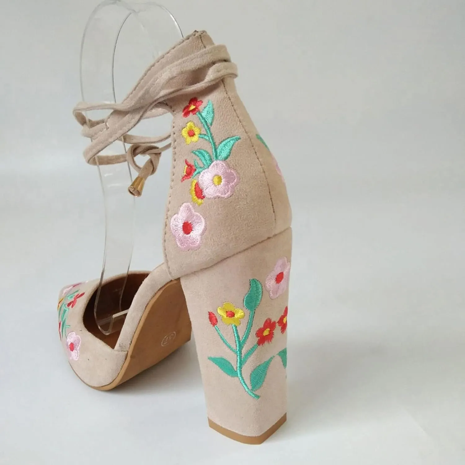 Women's Block High Heel Pumps Dress Sandal Close Pointed Toe Embroidered Ankle Strap Flowers Part𝐲 Wedding Shoes