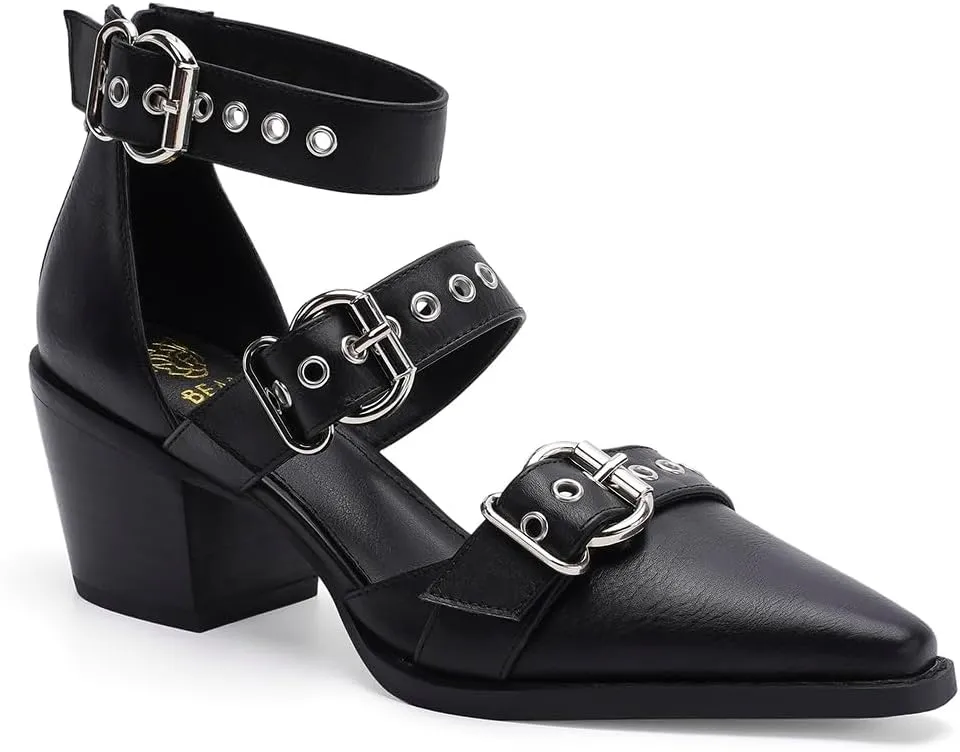 Women's Buckled Heeled Shoes Block Heel Pumps Pointed Toe Heels Comfortable Closed Toe Dress Wedding Shoes