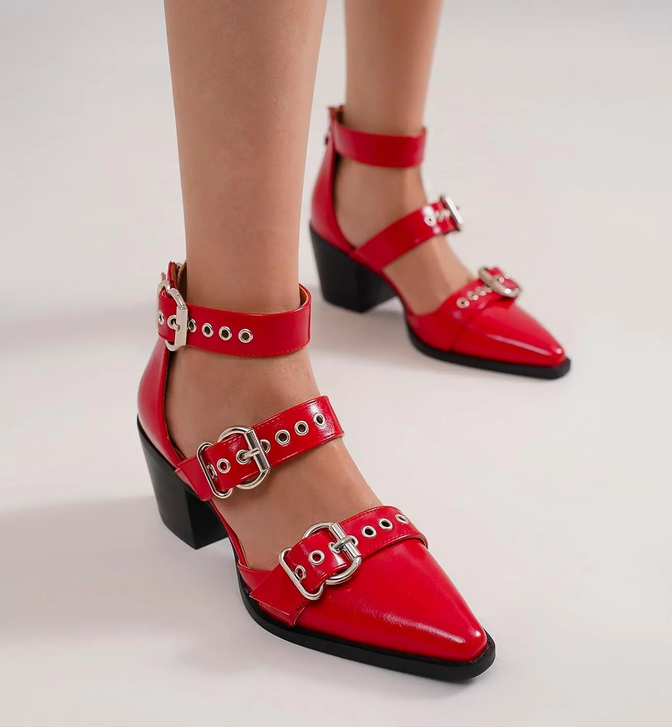 Women's Buckled Heeled Shoes Block Heel Pumps Pointed Toe Heels Comfortable Closed Toe Dress Wedding Shoes