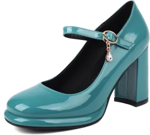 Women's Chunky Heels Platform Mary Janes Square Toe Pumps 3 Strap Patent Leather Block High Heel Dress Shoes