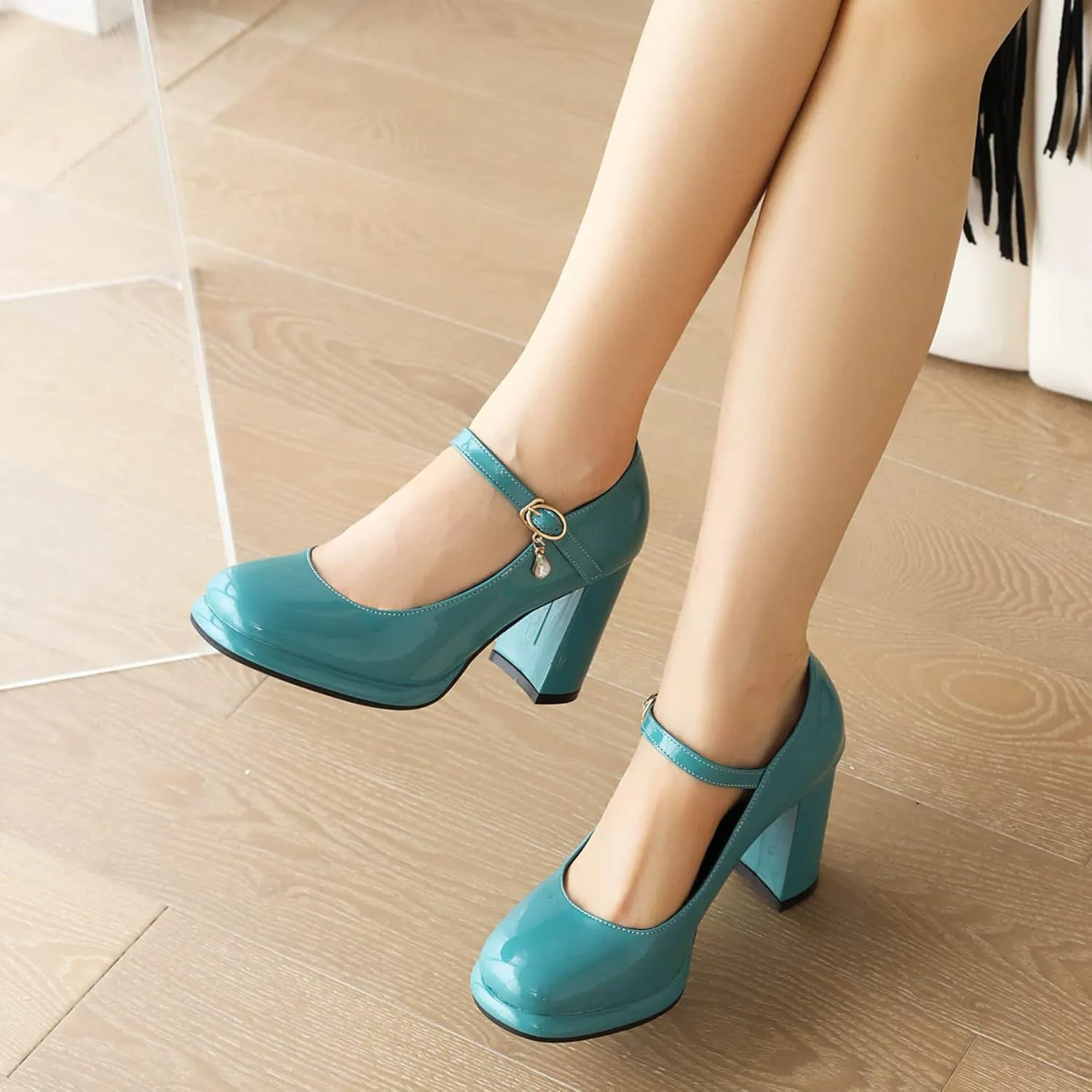 Women's Chunky Heels Platform Mary Janes Square Toe Pumps 3 Strap Patent Leather Block High Heel Dress Shoes