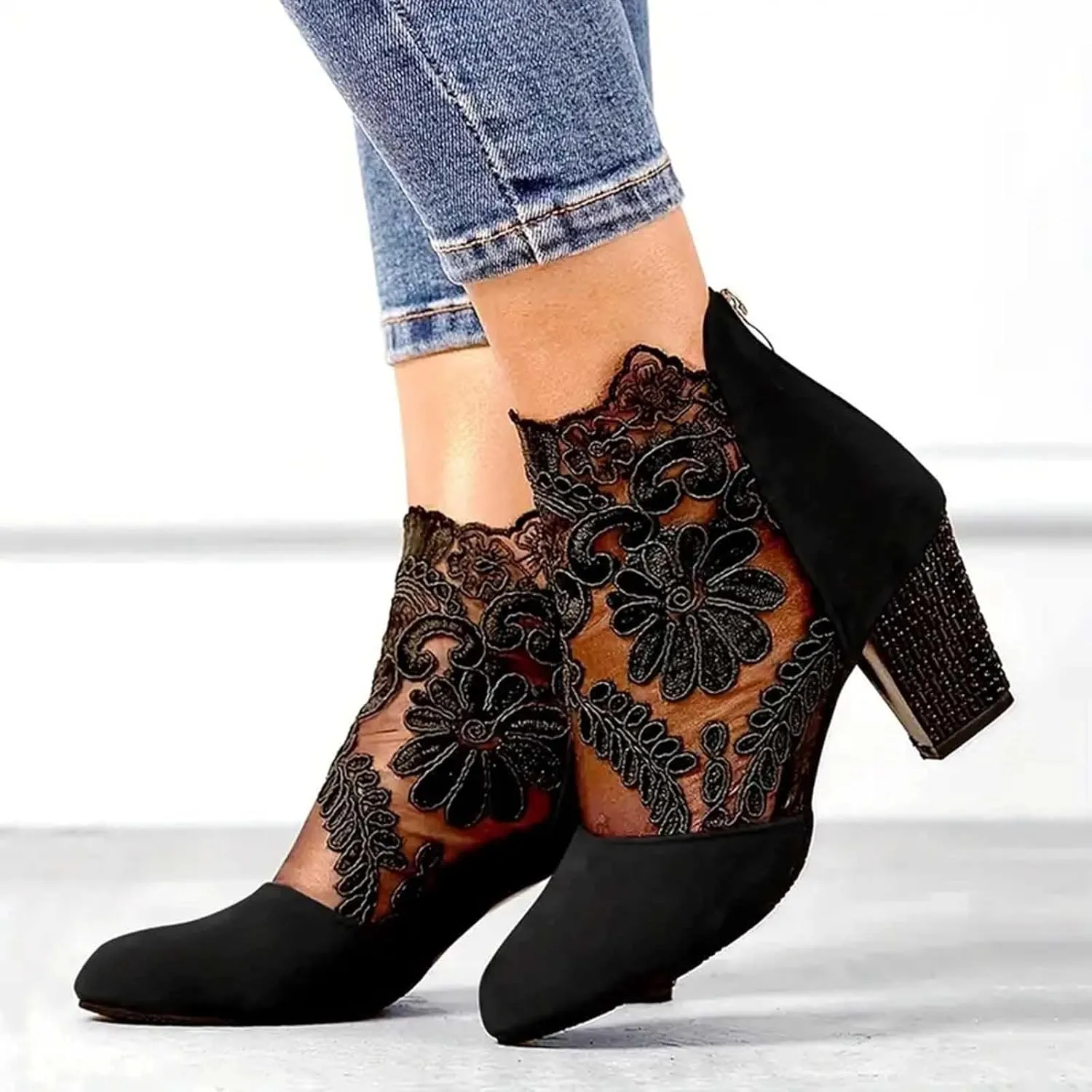 Womens Clear Chunky Heeled Closed toe Ankle Boots Lace Mesh Floral Embroidered Ankle Boots Latin Dancing Shoes Party Shoes