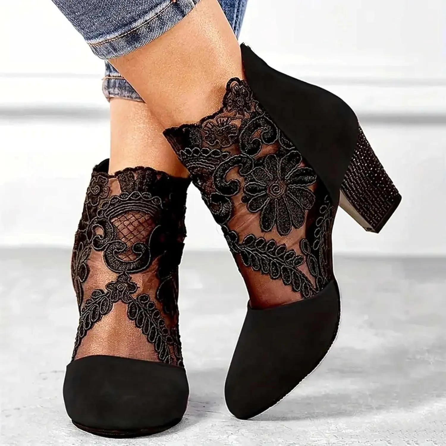 Womens Clear Chunky Heeled Closed toe Ankle Boots Lace Mesh Floral Embroidered Ankle Boots Latin Dancing Shoes Party Shoes