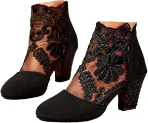 Womens Clear Chunky Heeled Closed toe Ankle Boots Lace Mesh Floral Embroidered Ankle Boots Latin Dancing Shoes Party Shoes