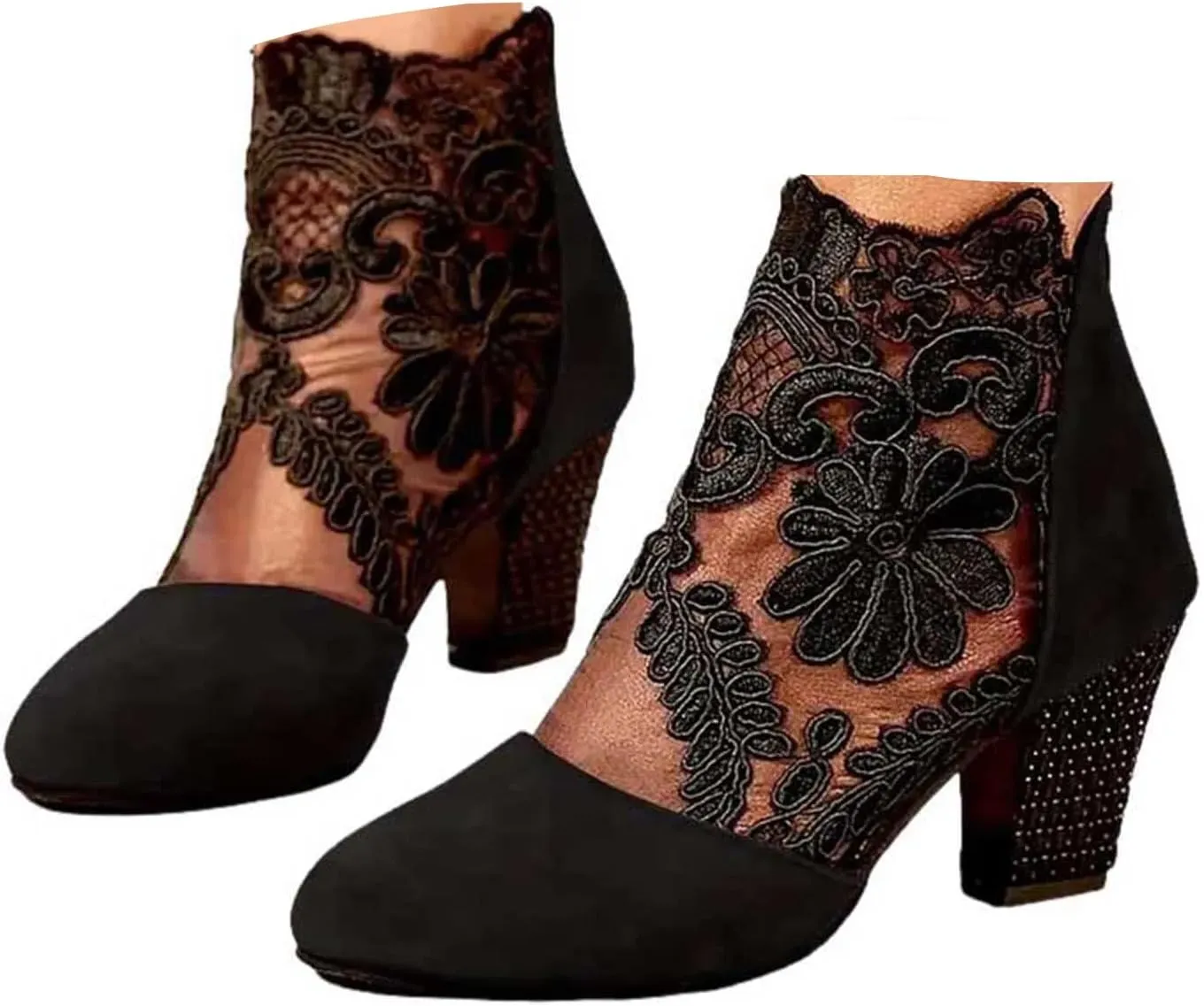 Womens Clear Chunky Heeled Closed toe Ankle Boots Lace Mesh Floral Embroidered Ankle Boots Latin Dancing Shoes Party Shoes