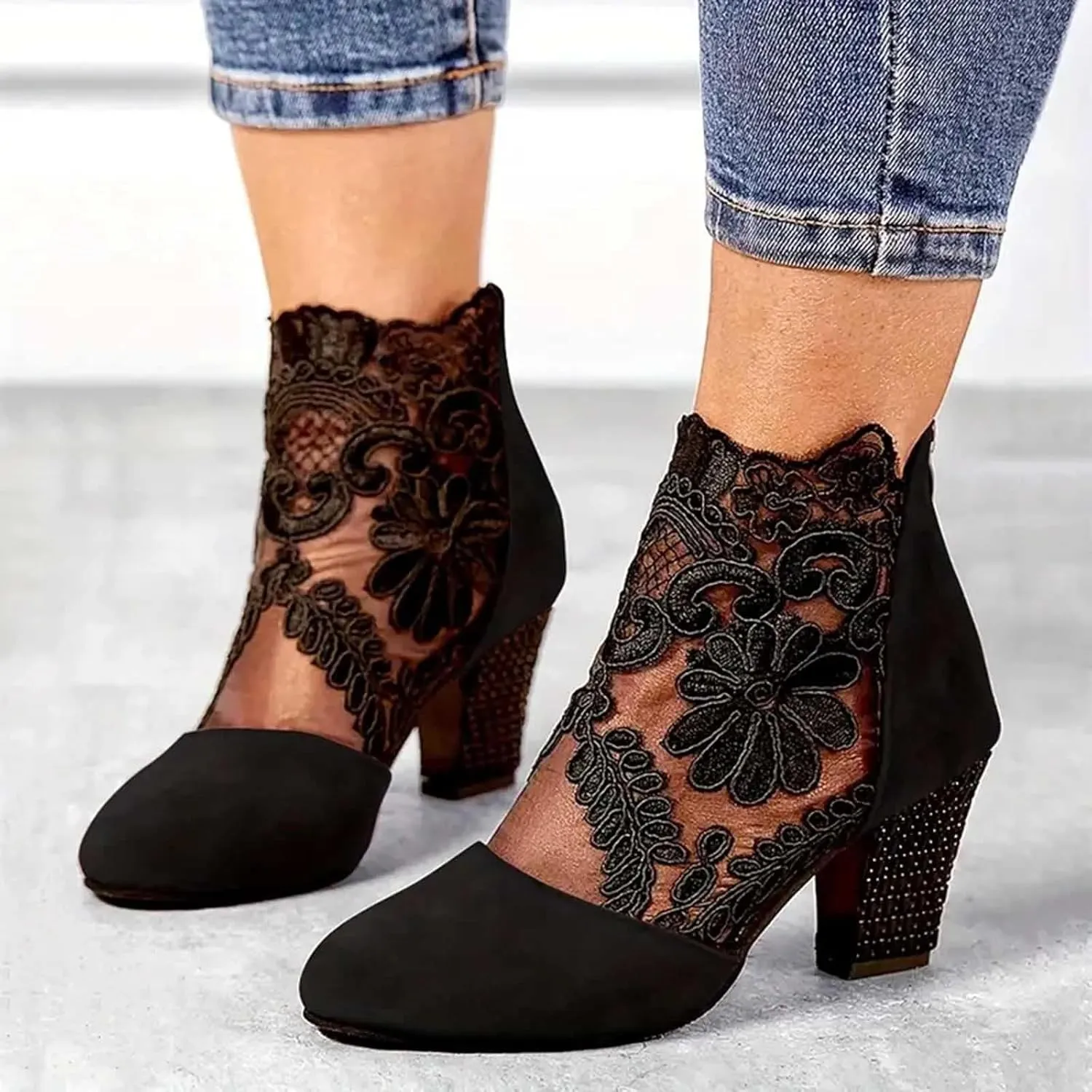 Womens Clear Chunky Heeled Closed toe Ankle Boots Lace Mesh Floral Embroidered Ankle Boots Latin Dancing Shoes Party Shoes