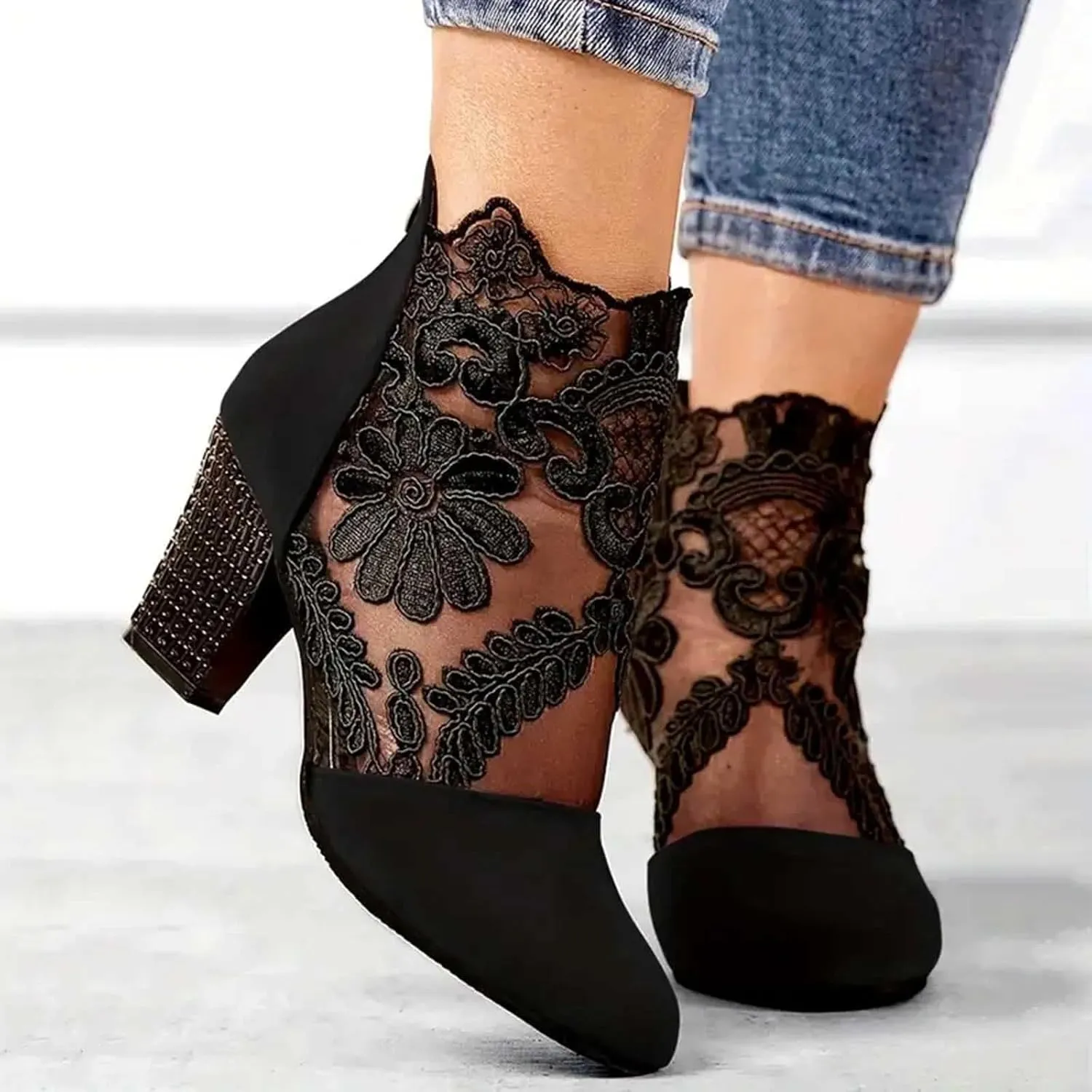 Womens Clear Chunky Heeled Closed toe Ankle Boots Lace Mesh Floral Embroidered Ankle Boots Latin Dancing Shoes Party Shoes