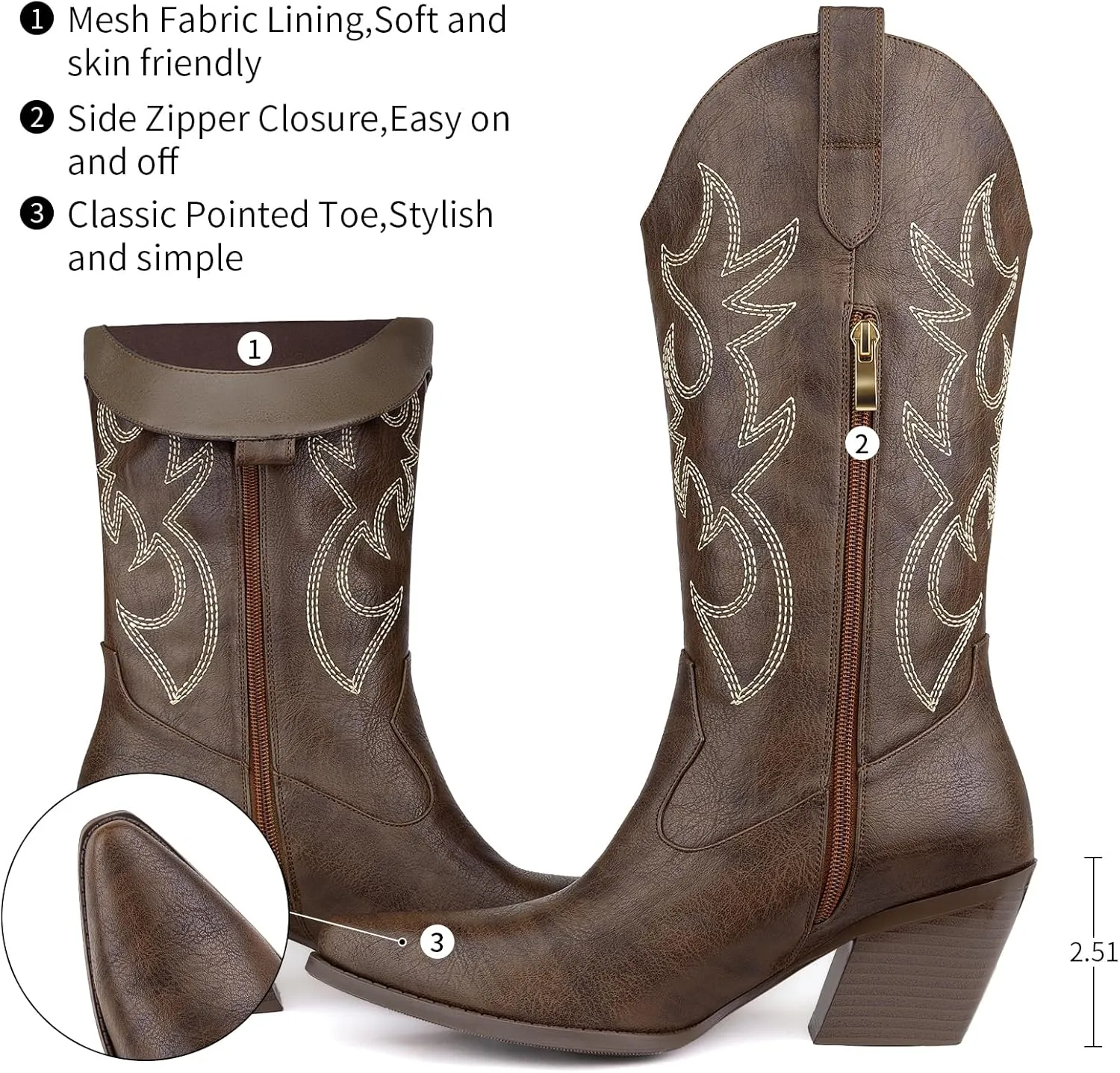 Women's Cowboy Boots Mid Calf Cowgirl Embroidered Western Pointed Toe Chunky Heel Pull On Mid Calf Boots