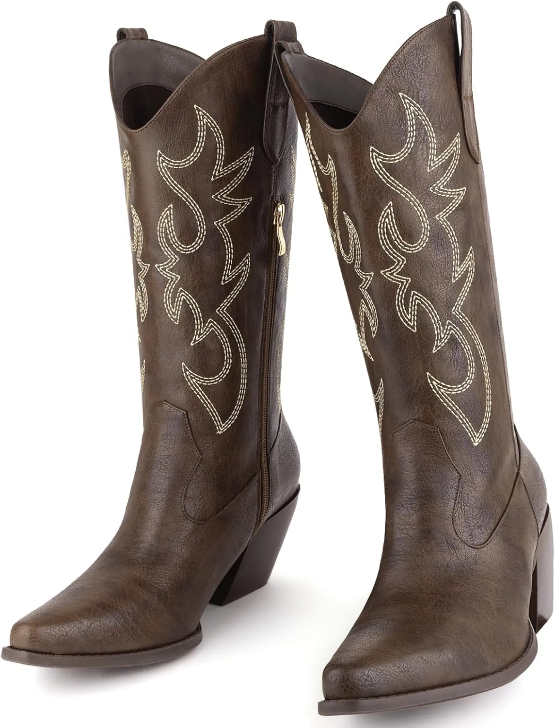 Women's Cowboy Boots Mid Calf Cowgirl Embroidered Western Pointed Toe Chunky Heel Pull On Mid Calf Boots