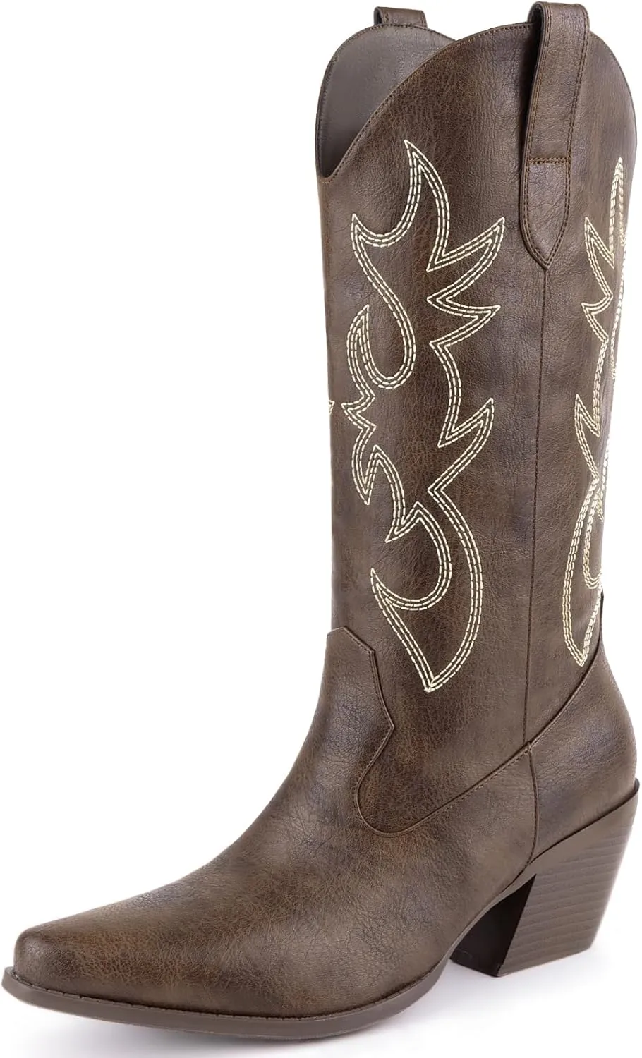 Women's Cowboy Boots Mid Calf Cowgirl Embroidered Western Pointed Toe Chunky Heel Pull On Mid Calf Boots