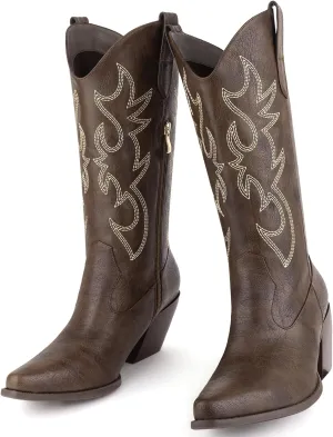 Women's Cowboy Boots Mid Calf Cowgirl Embroidered Western Pointed Toe Chunky Heel Pull On Mid Calf Boots