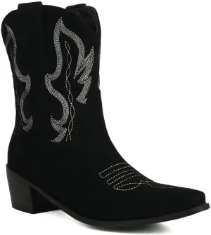 Womens Cowgirl Embroidered Western Cowboy Mid Calf Boots Suede Snip Toe Chunky Heel Ankle Booites