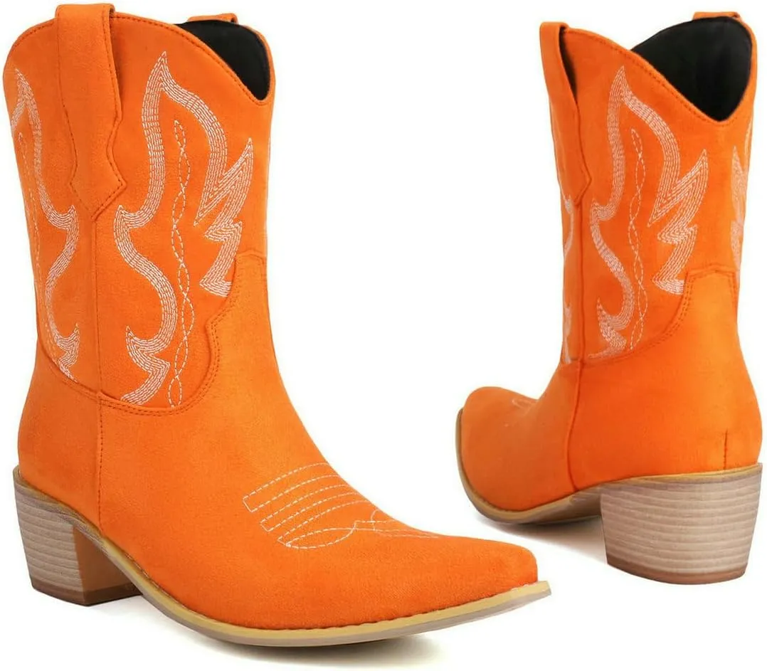 Womens Cowgirl Embroidered Western Cowboy Mid Calf Boots Suede Snip Toe Chunky Heel Ankle Booites