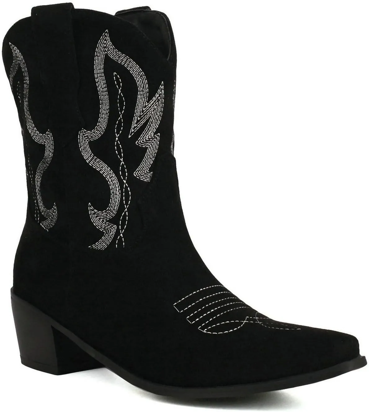 Womens Cowgirl Embroidered Western Cowboy Mid Calf Boots Suede Snip Toe Chunky Heel Ankle Booites