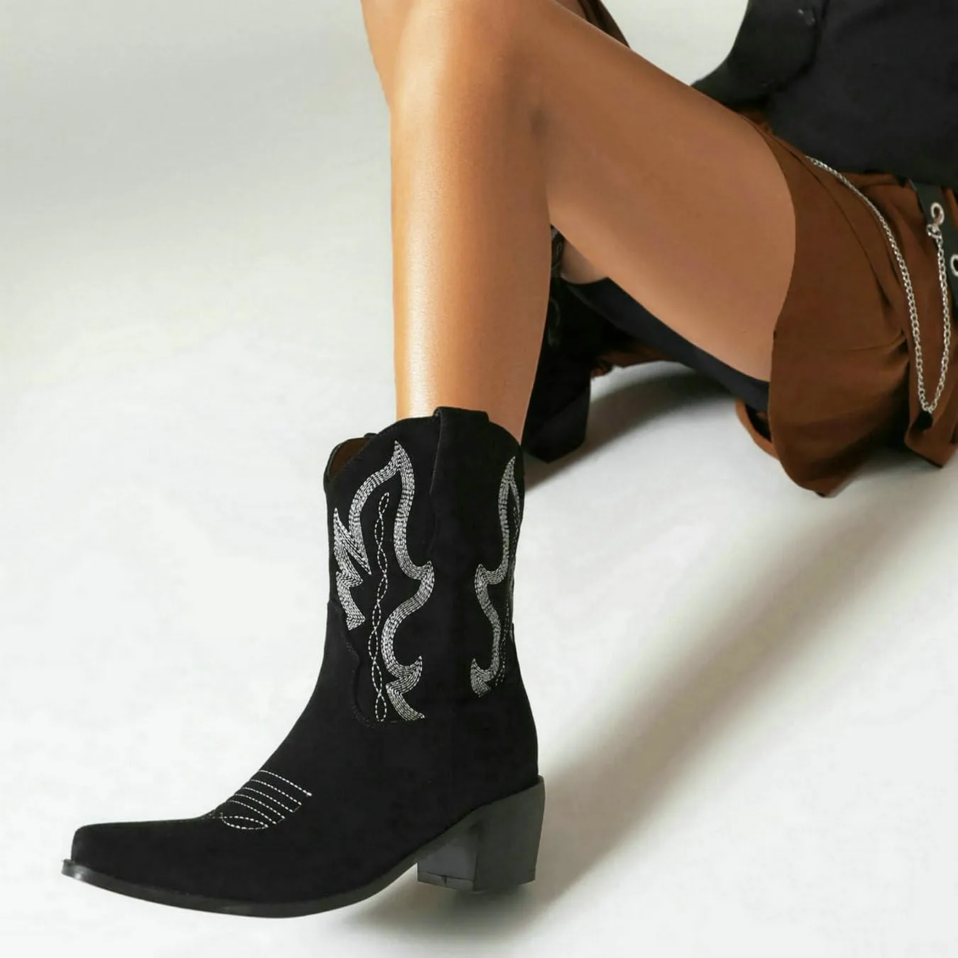 Womens Cowgirl Embroidered Western Cowboy Mid Calf Boots Suede Snip Toe Chunky Heel Ankle Booites