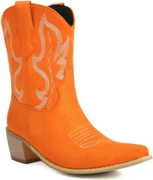 Womens Cowgirl Embroidered Western Cowboy Mid Calf Boots Suede Snip Toe Chunky Heel Ankle Booites