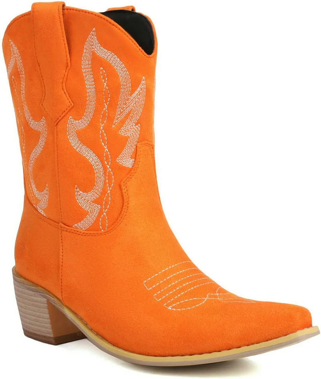 Womens Cowgirl Embroidered Western Cowboy Mid Calf Boots Suede Snip Toe Chunky Heel Ankle Booites