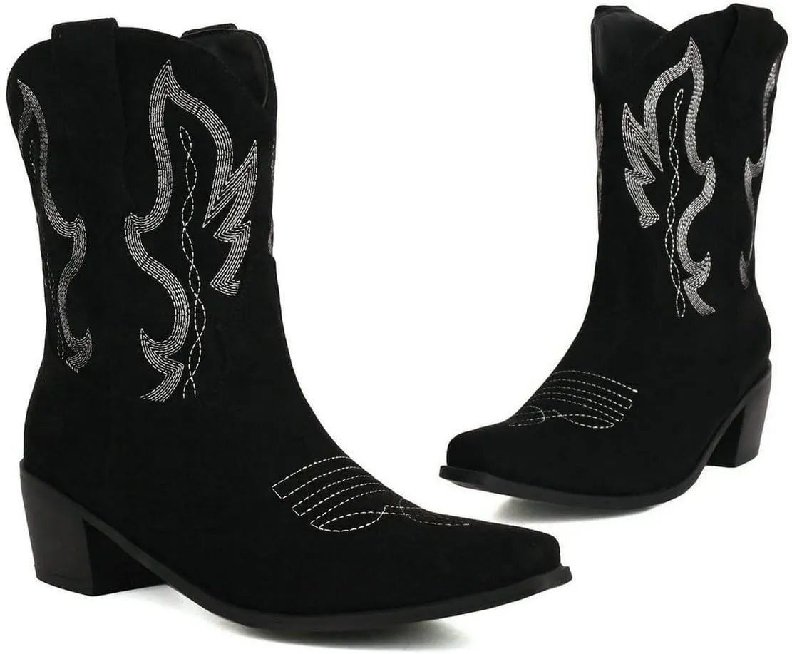 Womens Cowgirl Embroidered Western Cowboy Mid Calf Boots Suede Snip Toe Chunky Heel Ankle Booites