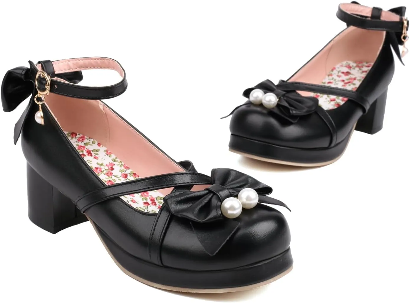 Womens Cute Lolita Platform Cross Strappy Mary Janes Mid Chunky Heel Sweet Bow Ankle Strap Pumps Ladies Wedding Party Cosplay Uniform Dress Shoes