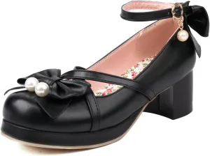 Womens Cute Lolita Platform Cross Strappy Mary Janes Mid Chunky Heel Sweet Bow Ankle Strap Pumps Ladies Wedding Party Cosplay Uniform Dress Shoes