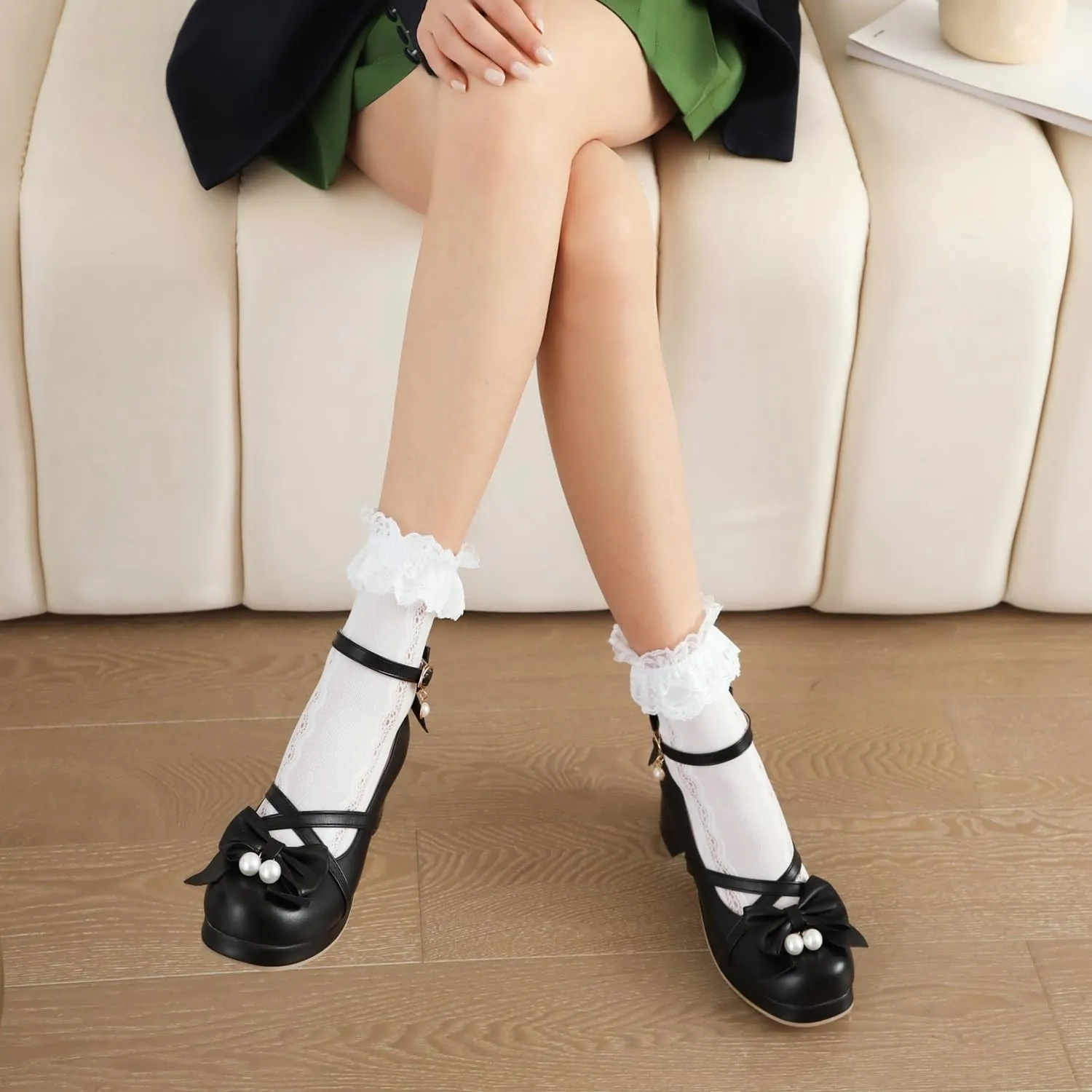 Womens Cute Lolita Platform Cross Strappy Mary Janes Mid Chunky Heel Sweet Bow Ankle Strap Pumps Ladies Wedding Party Cosplay Uniform Dress Shoes