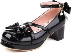 Womens Cute Lolita Platform Cross Strappy Mary Janes Mid Chunky Heel Sweet Bow Ankle Strap Pumps Ladies Wedding Party Cosplay Uniform Dress Shoes