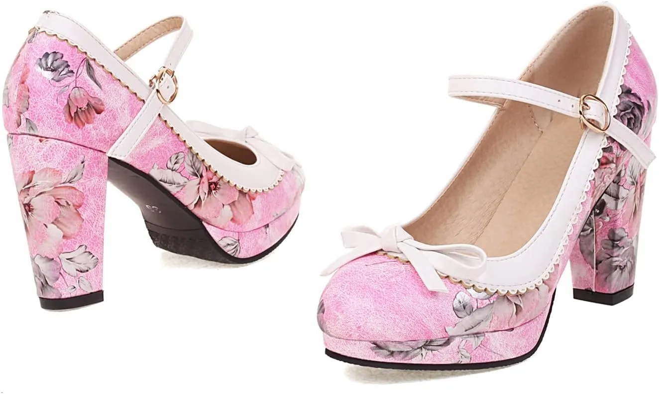 Women's Fashion Chunky High Heel Mary Jane Shoes Printed Flower Round Toe Ankle Strap Platform Pumps