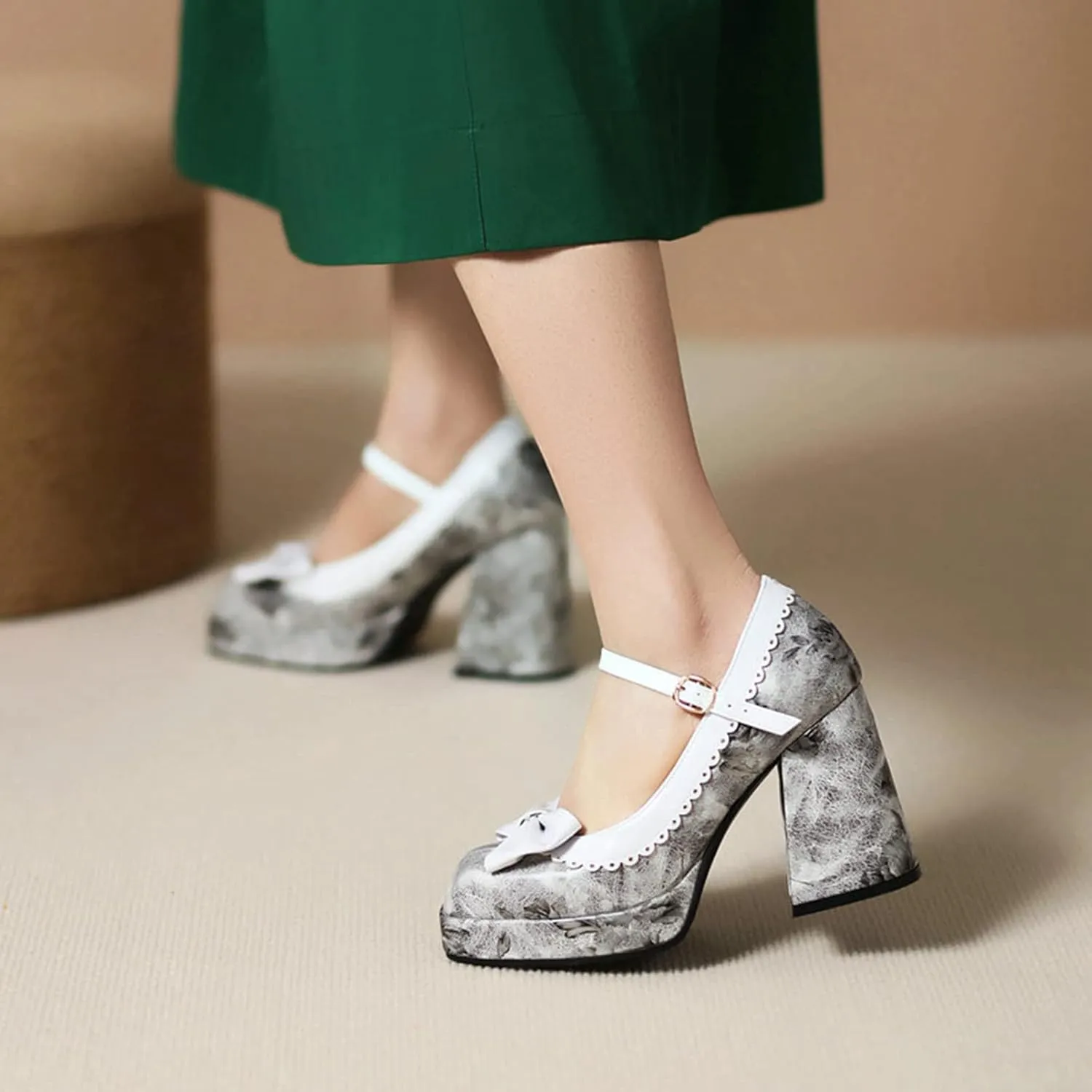 Women's Fashion Square Toe Mary Jane Platform Pumps High Block Heel Floral Sweet Bow Dress Shoes