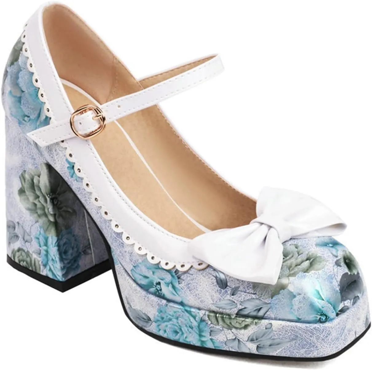 Women's Fashion Square Toe Mary Jane Platform Pumps High Block Heel Floral Sweet Bow Dress Shoes