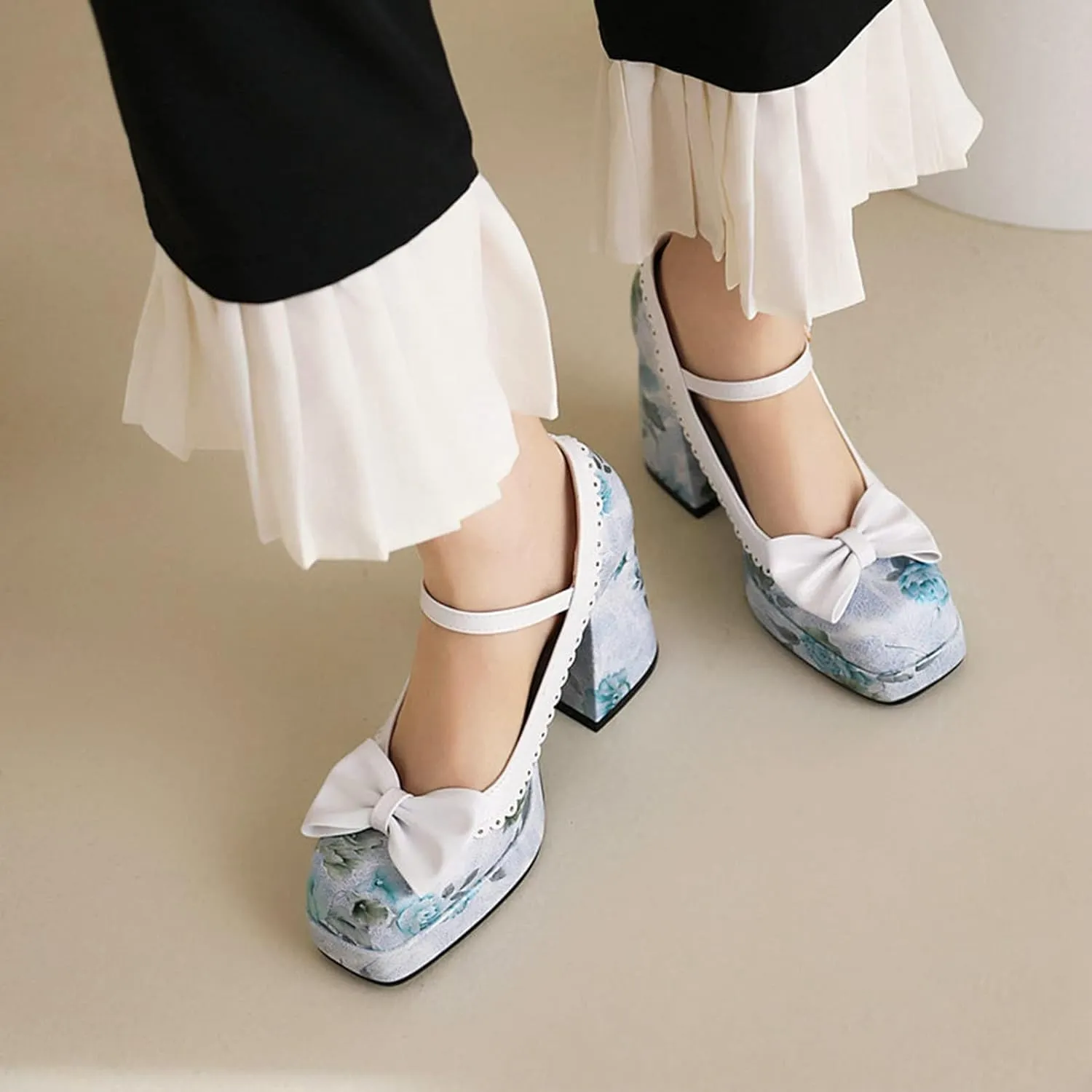 Women's Fashion Square Toe Mary Jane Platform Pumps High Block Heel Floral Sweet Bow Dress Shoes