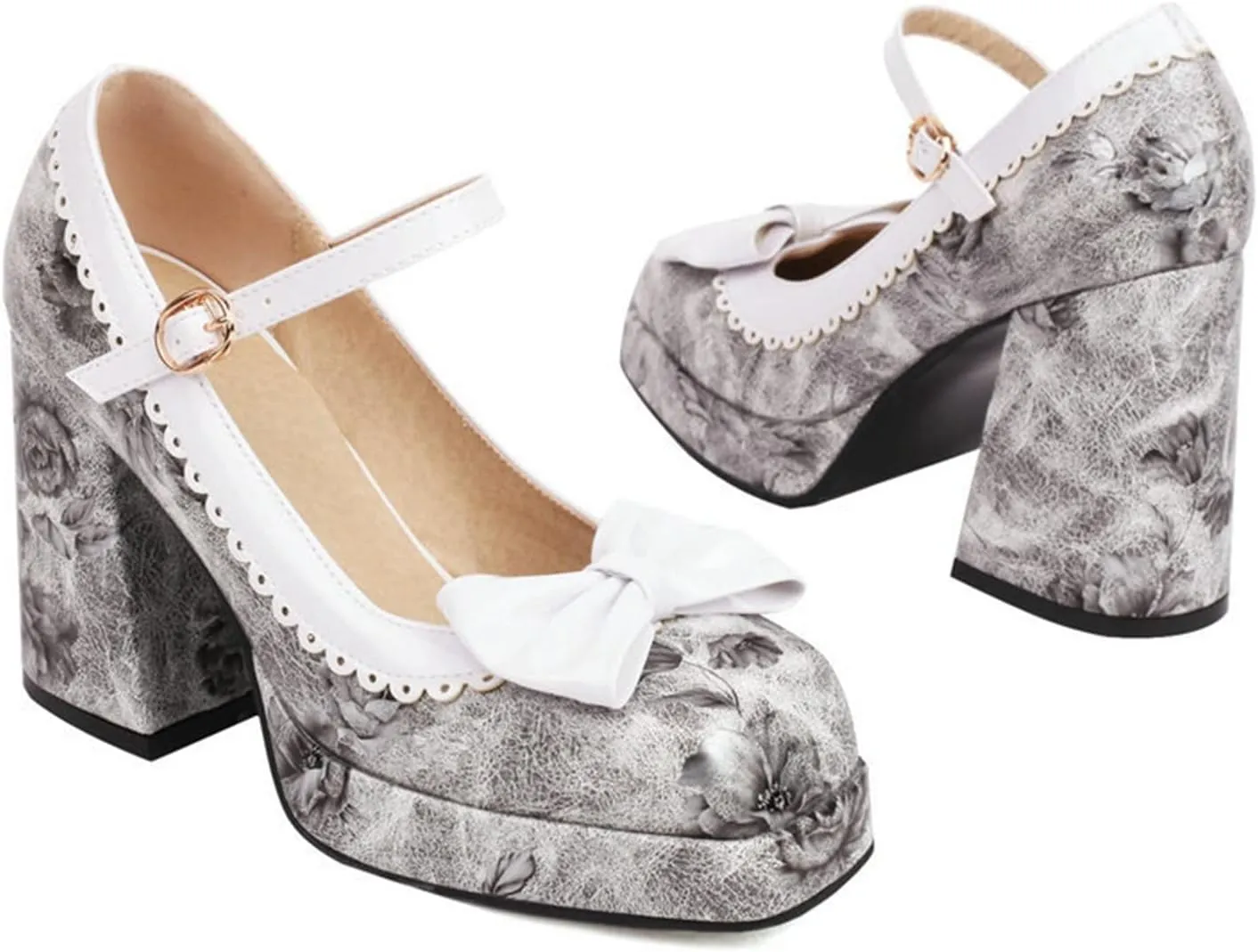 Women's Fashion Square Toe Mary Jane Platform Pumps High Block Heel Floral Sweet Bow Dress Shoes