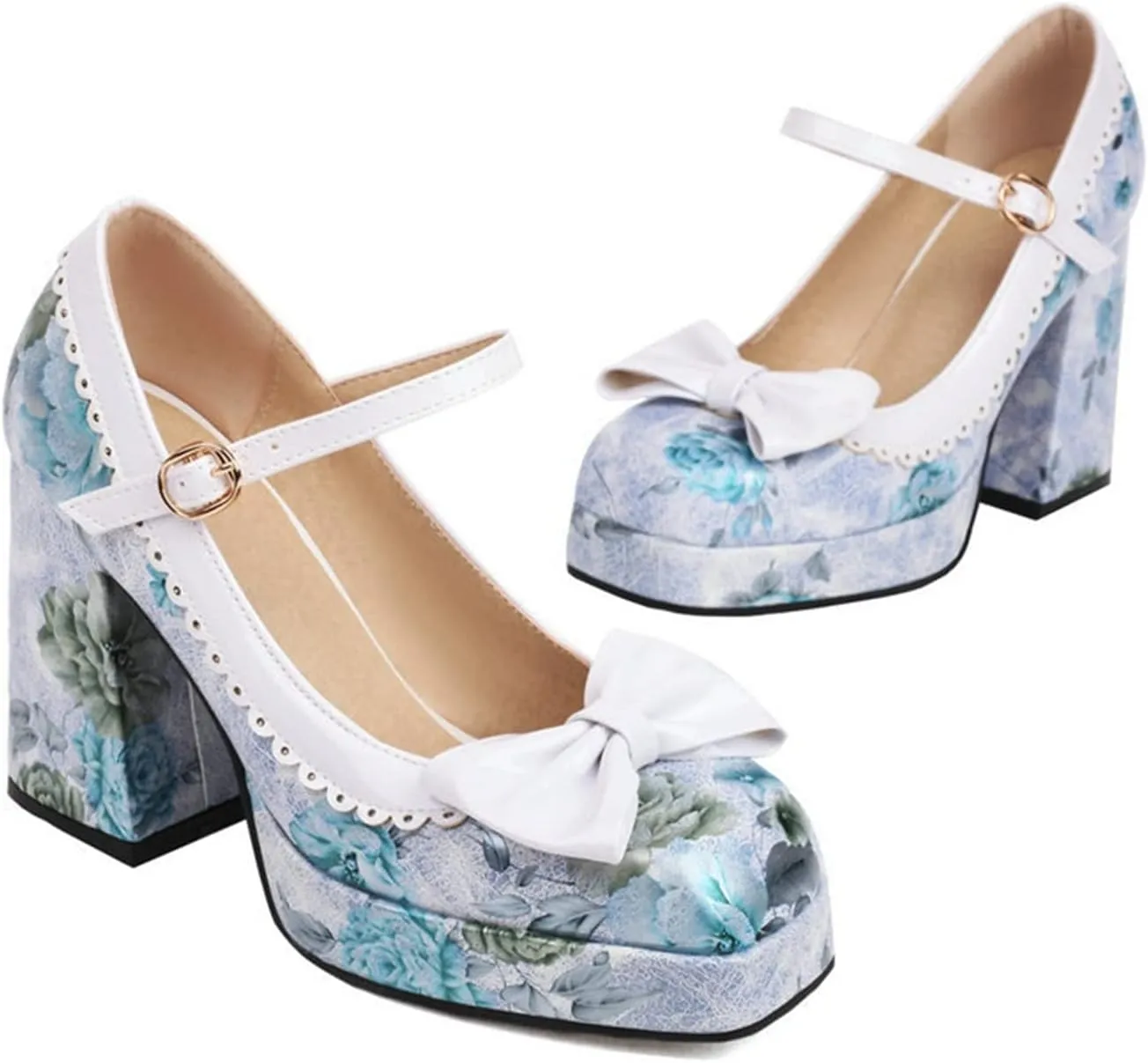 Women's Fashion Square Toe Mary Jane Platform Pumps High Block Heel Floral Sweet Bow Dress Shoes