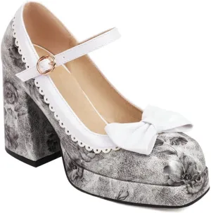 Women's Fashion Square Toe Mary Jane Platform Pumps High Block Heel Floral Sweet Bow Dress Shoes