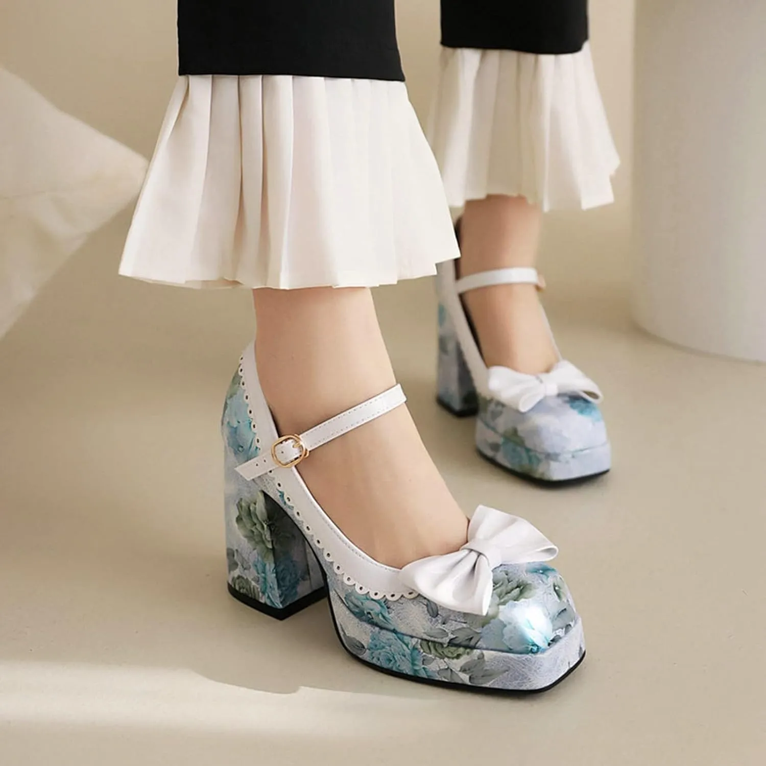 Women's Fashion Square Toe Mary Jane Platform Pumps High Block Heel Floral Sweet Bow Dress Shoes