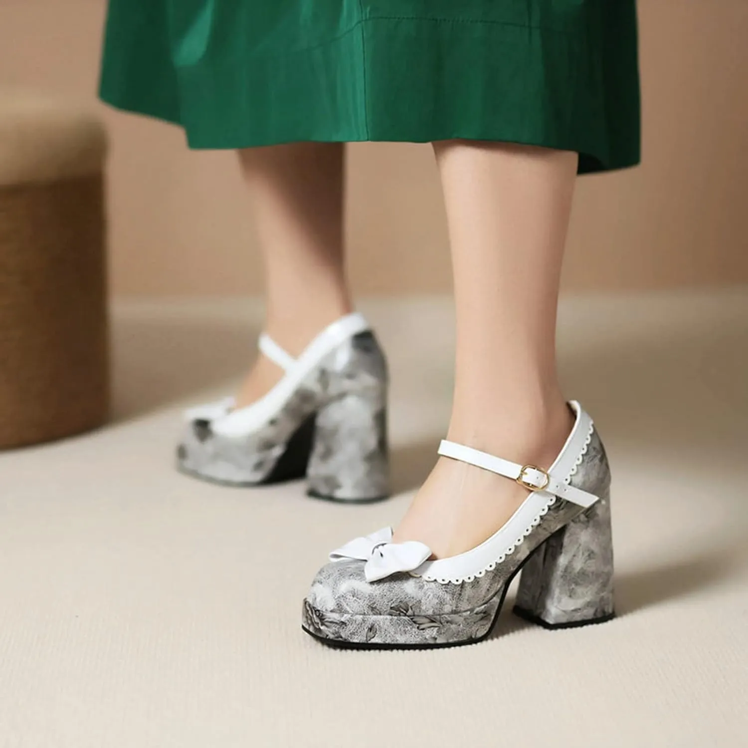 Women's Fashion Square Toe Mary Jane Platform Pumps High Block Heel Floral Sweet Bow Dress Shoes
