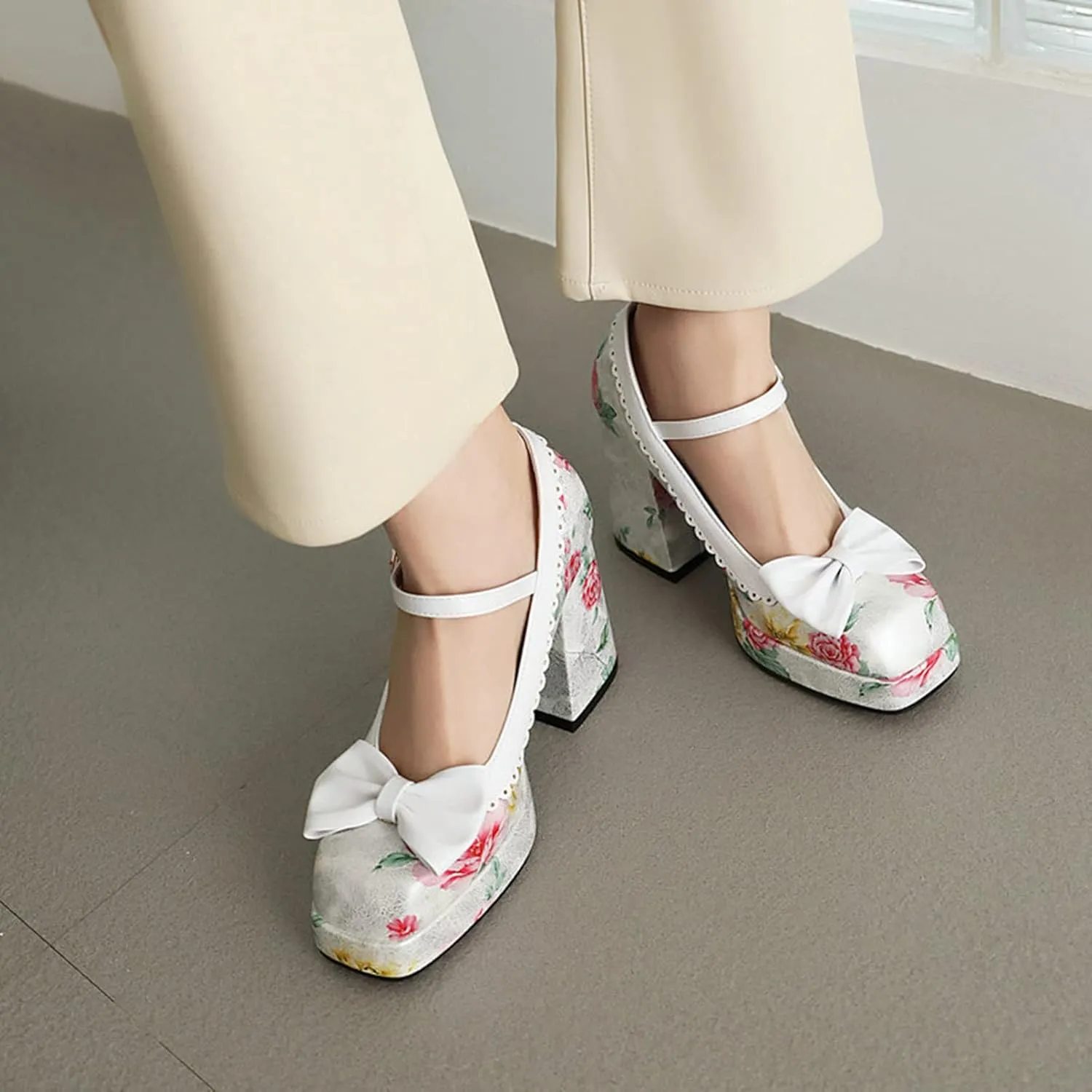 Women's Fashion Square Toe Mary Jane Platform Pumps High Block Heel Floral Sweet Bow Dress Shoes