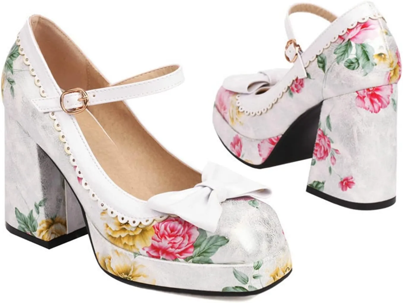 Women's Fashion Square Toe Mary Jane Platform Pumps High Block Heel Floral Sweet Bow Dress Shoes