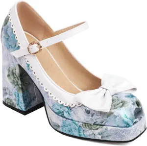Women's Fashion Square Toe Mary Jane Platform Pumps High Block Heel Floral Sweet Bow Dress Shoes