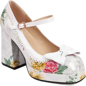 Women's Fashion Square Toe Mary Jane Platform Pumps High Block Heel Floral Sweet Bow Dress Shoes