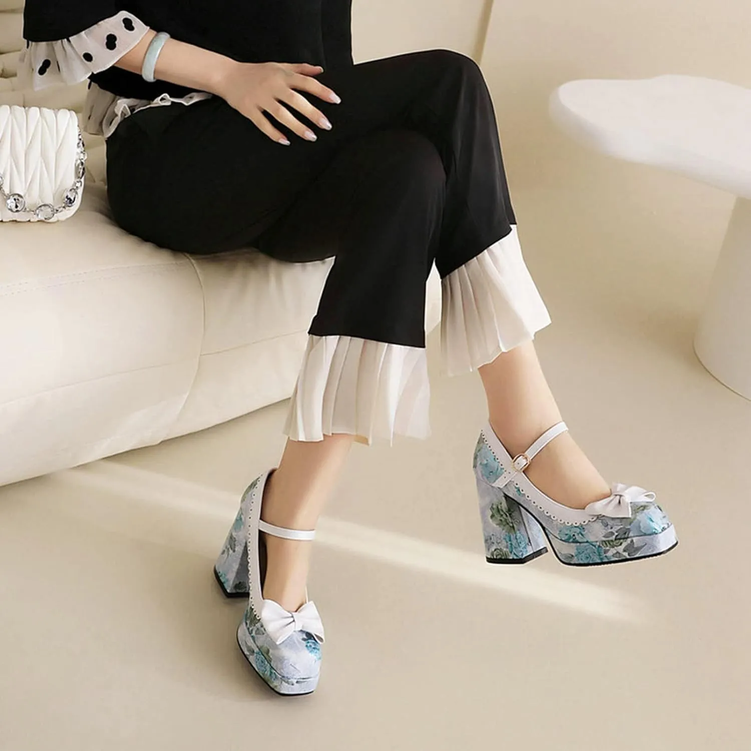 Women's Fashion Square Toe Mary Jane Platform Pumps High Block Heel Floral Sweet Bow Dress Shoes