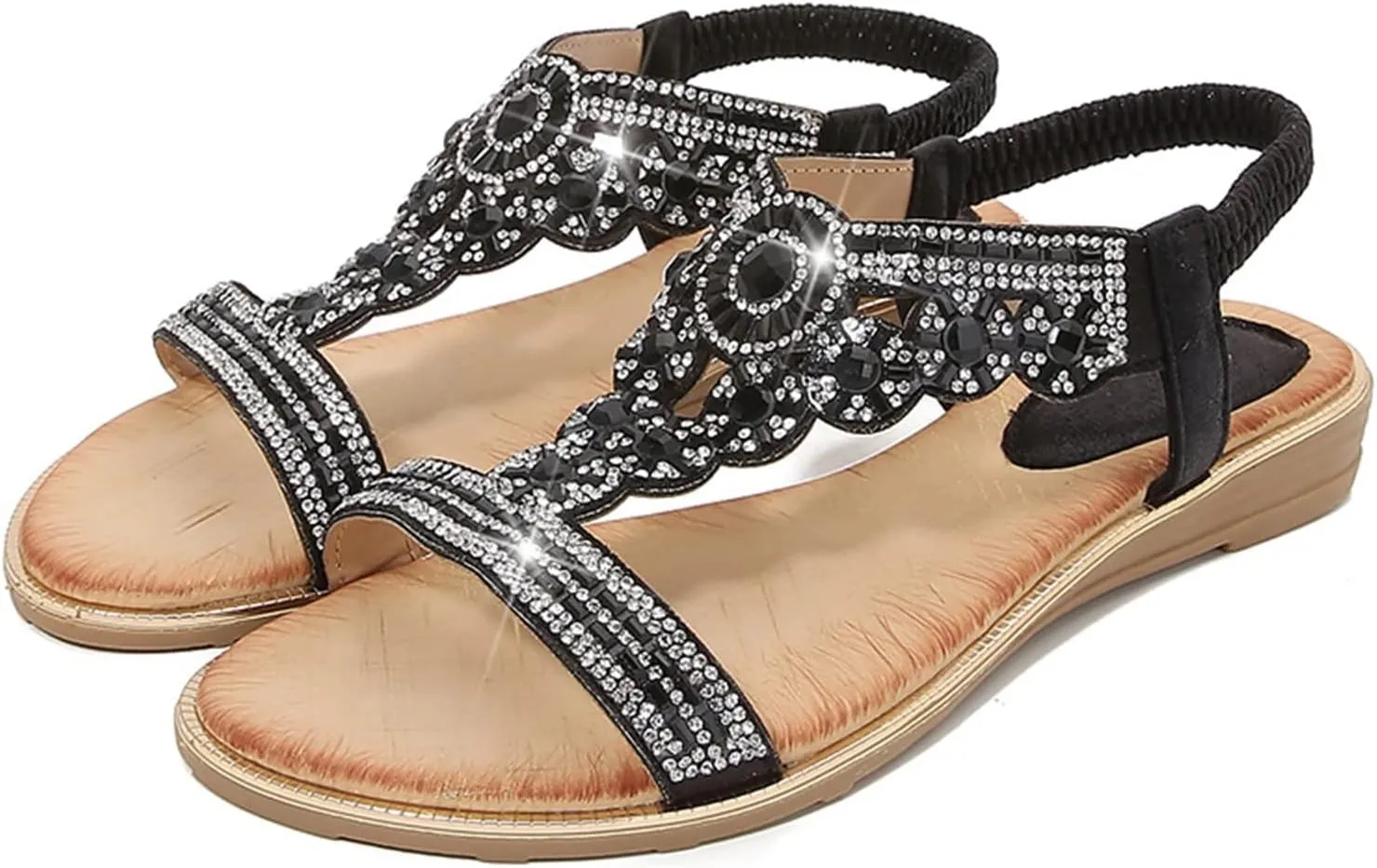 Women's Flat Sandals 2024 Ladies Summer Fashion Rhinestone Bohemian Slope Heel Hollow Solid Colour Soft Flat Bottom Open