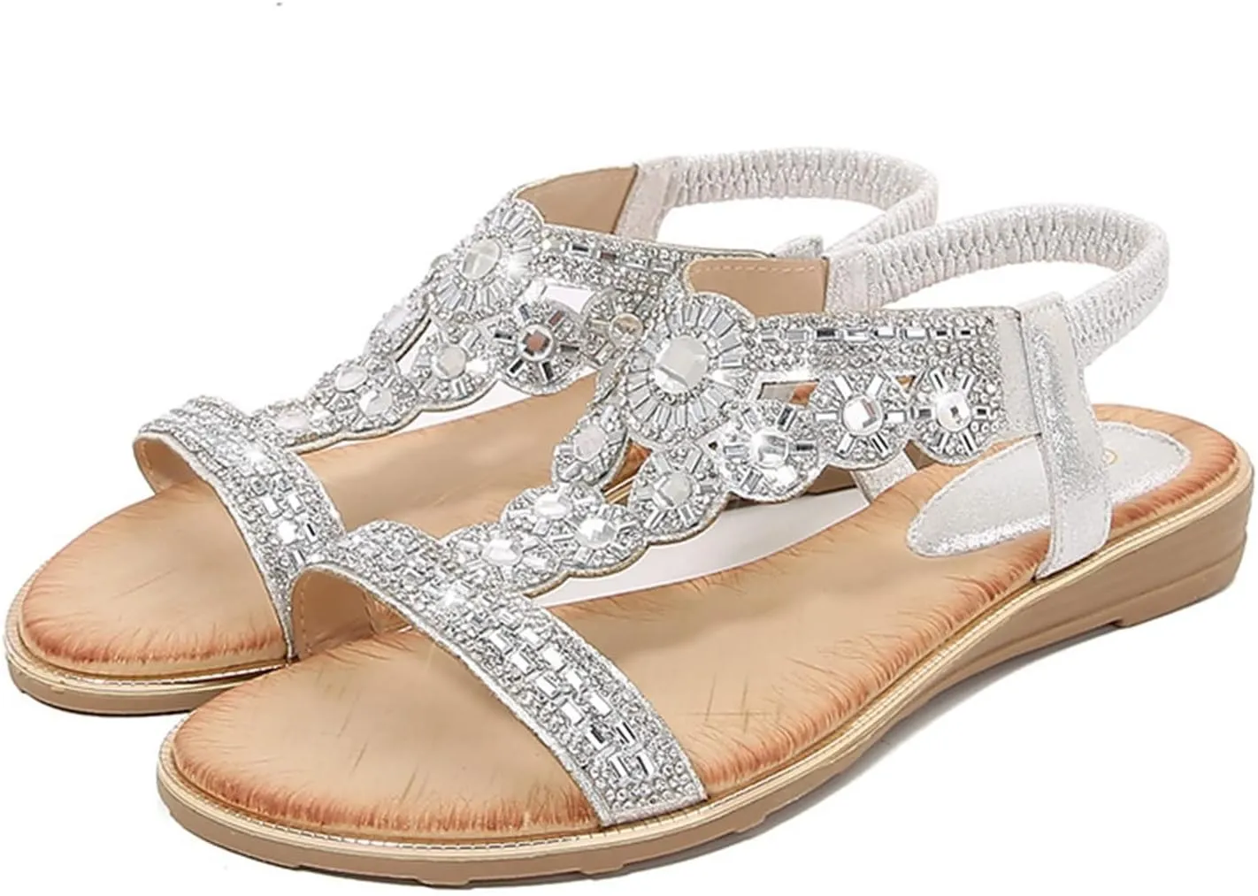 Women's Flat Sandals 2024 Ladies Summer Fashion Rhinestone Bohemian Slope Heel Hollow Solid Colour Soft Flat Bottom Open