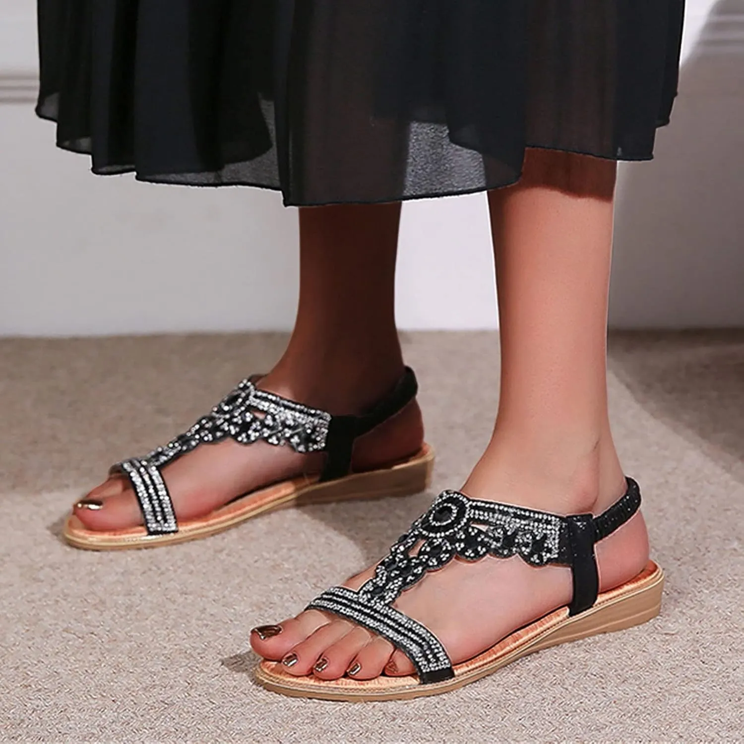 Women's Flat Sandals 2024 Ladies Summer Fashion Rhinestone Bohemian Slope Heel Hollow Solid Colour Soft Flat Bottom Open